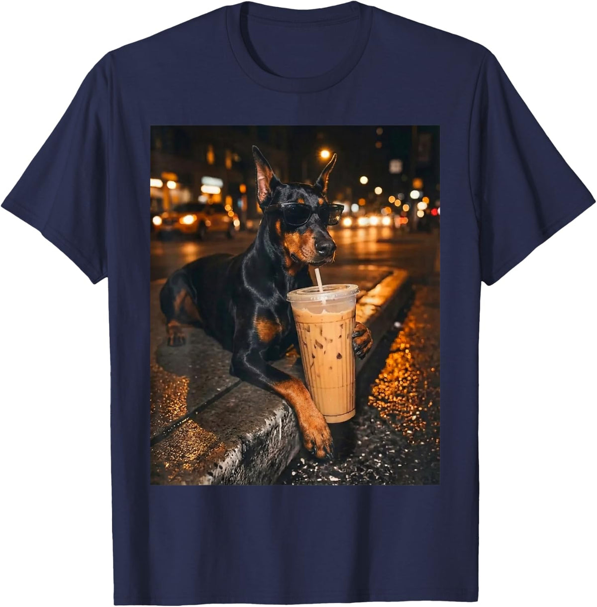 Doberman Drinking Iced Coffee Funny Dog Lover Animal Meme T-Shirt - Navy Blue