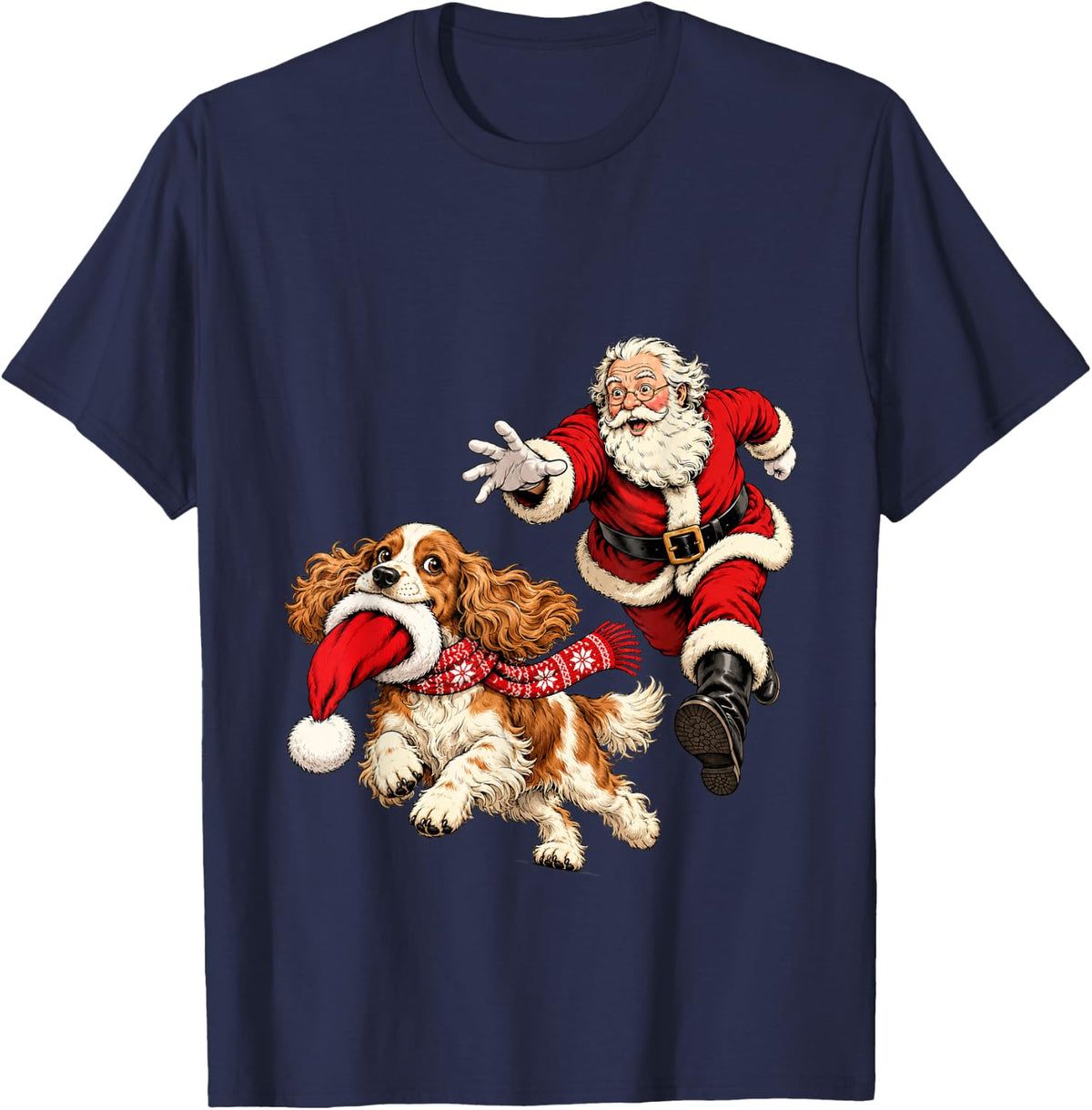 Funny Santa Chasing Cocker Spaniel Christmas Dog Mom Pet T-Shirt - Navy Blue