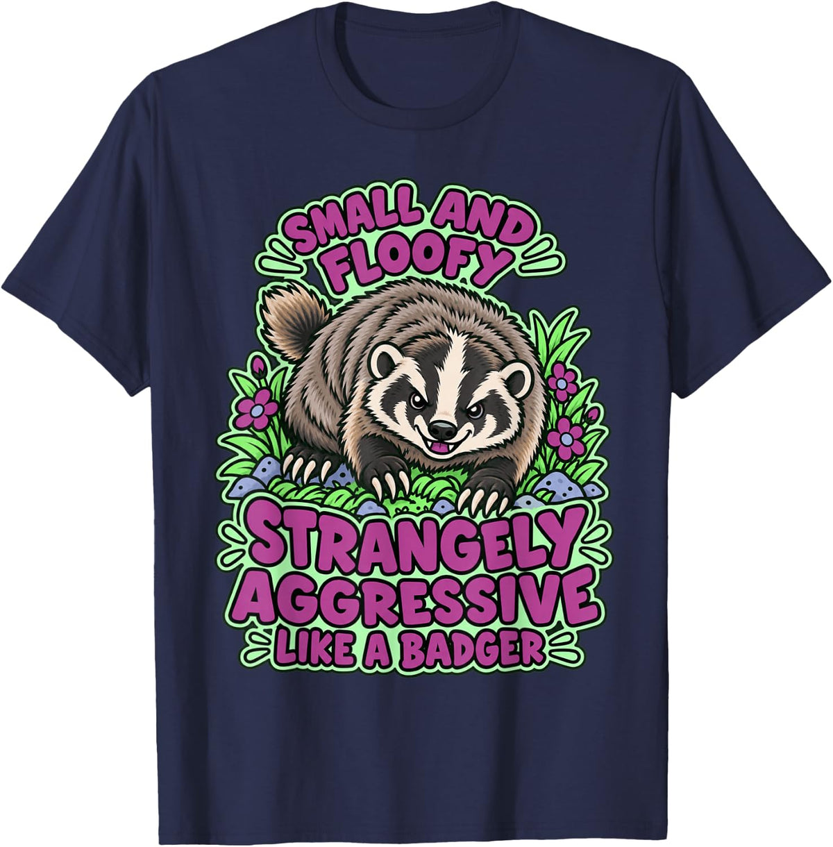 Small and Floofy Strangely Aggressive Badger Art T-Shirt - Navy Blue