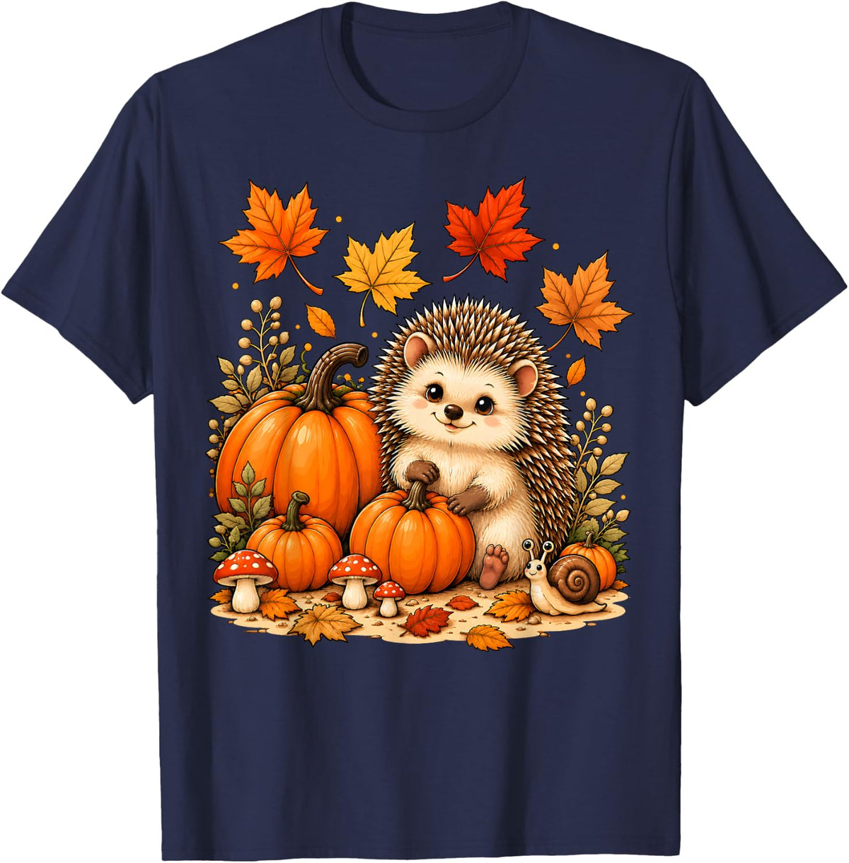 Cute Hedgehog Pumpkin Mushroom Autumn Halloween Hedgehog T-Shirt - Navy Blue
