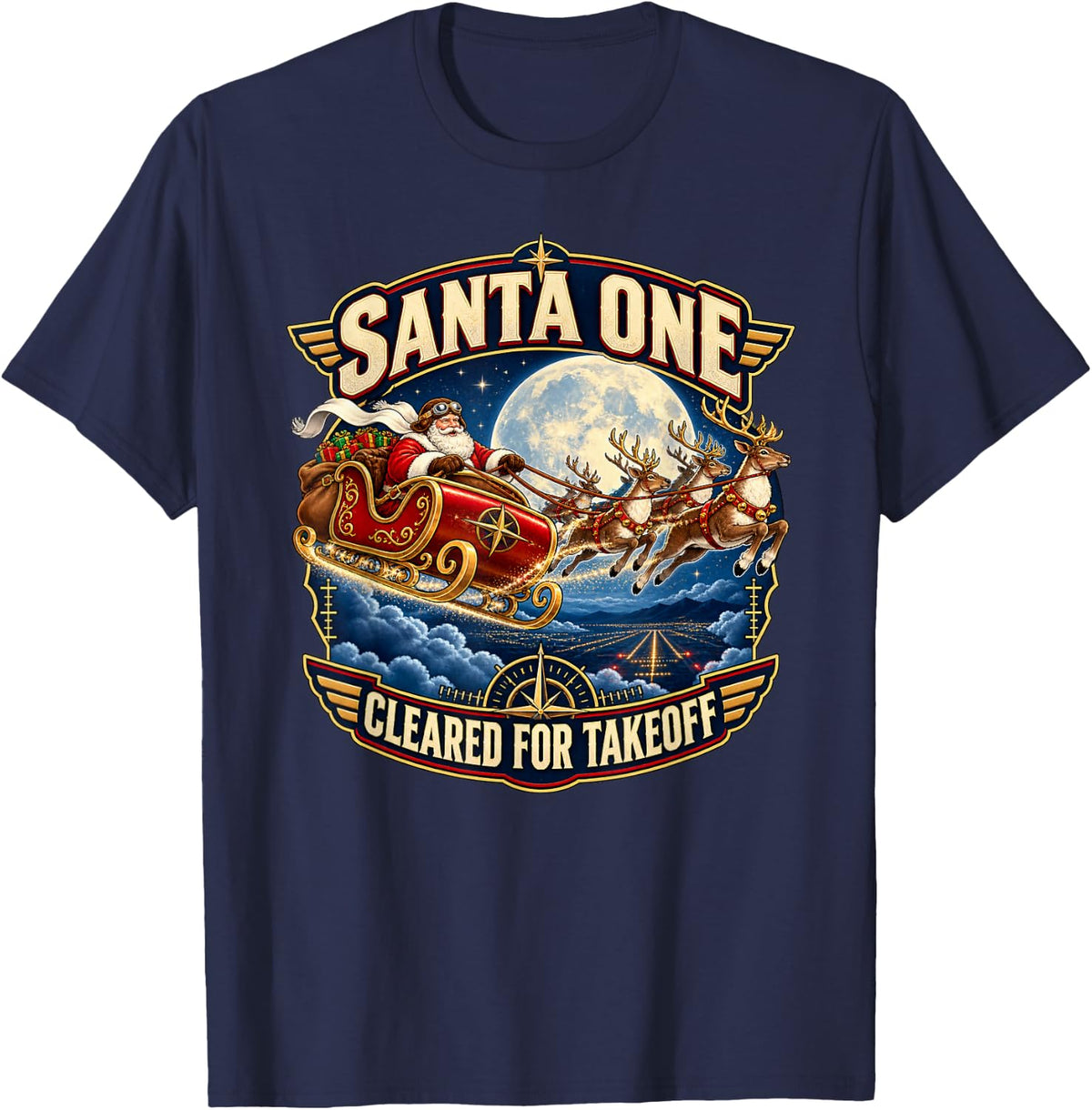Santa One Cleared for Takeoff Pilot Christmas Aviation T-Shirt - Navy Blue