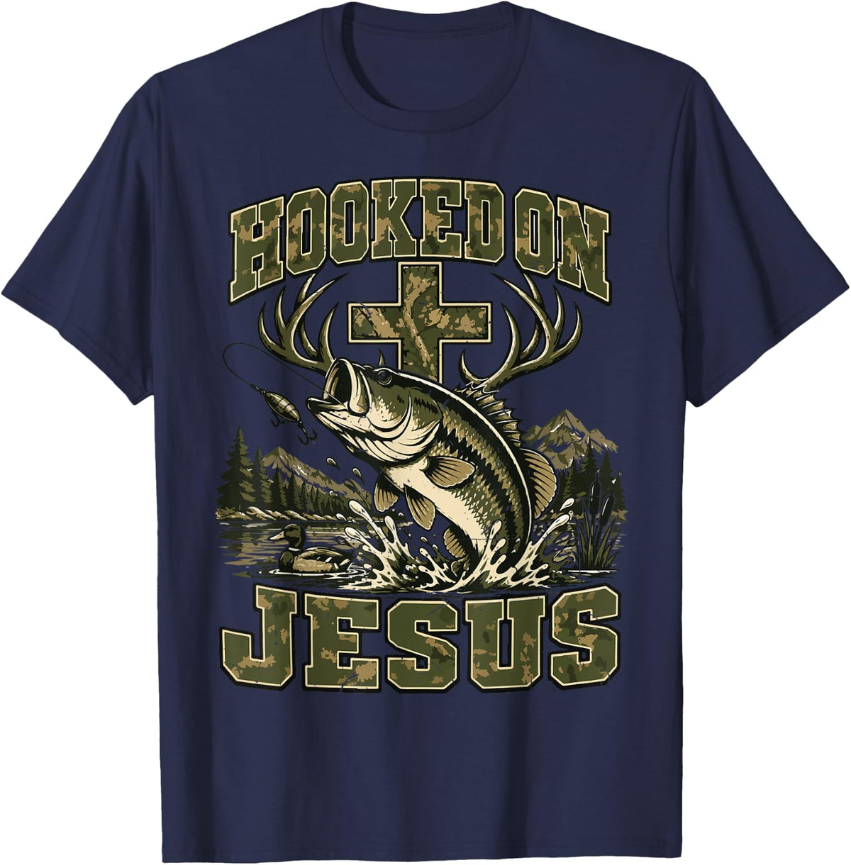 Men's Christian Fishing Hooked On Jesus Fishing Faith Camo T-Shirt - Navy Blue