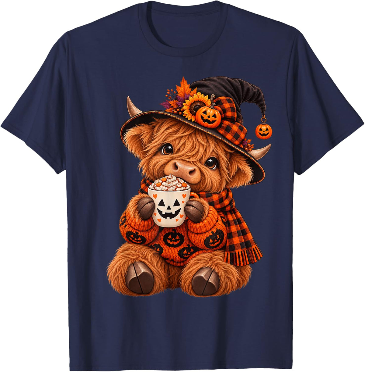 Cute Halloween Highland Cow Pumpkin Coffee Witch Hat Autumn T-Shirt - Navy Blue