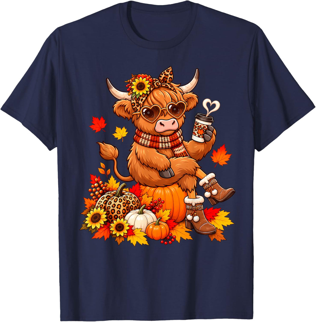 Leopard Highland Cow Drinking Coffee Fall Thanksgiving T-Shirt - Navy Blue