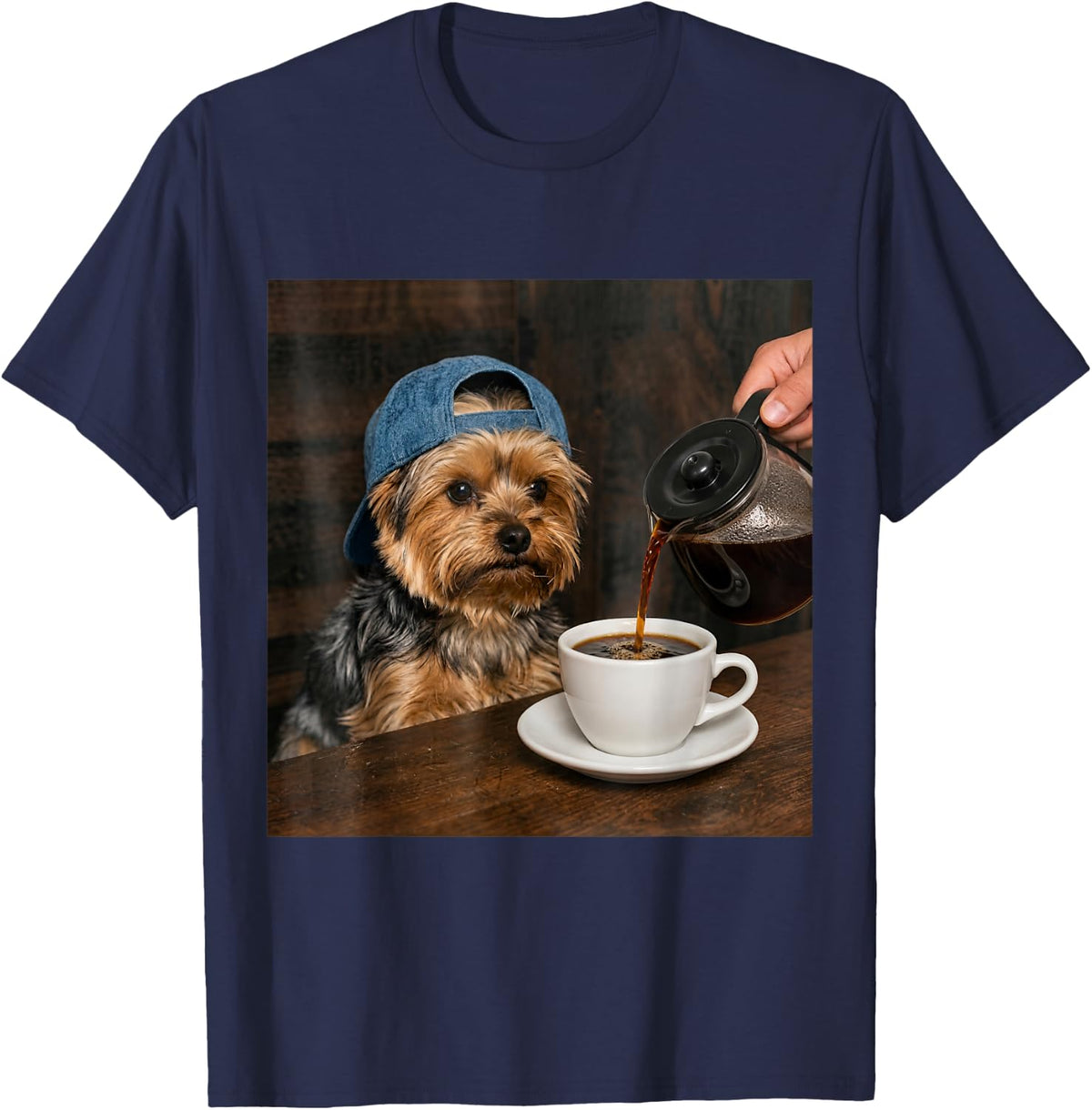 Yorkie Drinking Coffee Funny Dog Meme T-Shirt - Navy Blue
