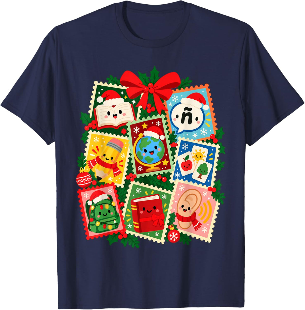 Spanish Teacher Christmas Language Classroom Stamp Art T-Shirt - Navy Blue