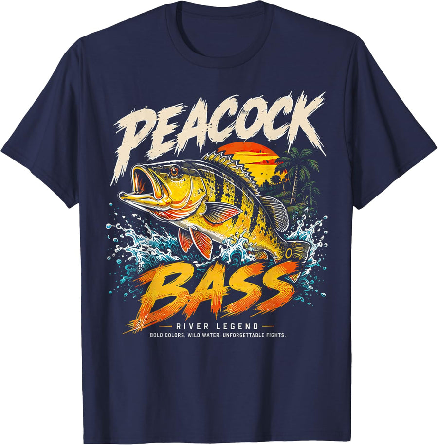 Peacock Bass Fishing Adventure for Dads and Boys T-Shirt - Navy Blue