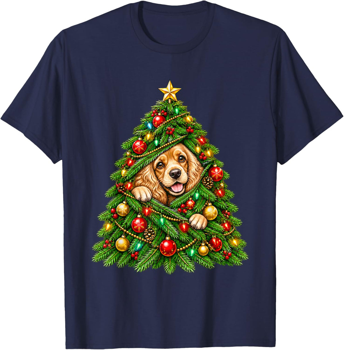 Cocker Spaniel Peeking with Christmas Tree Festive Lights T-Shirt - Navy Blue