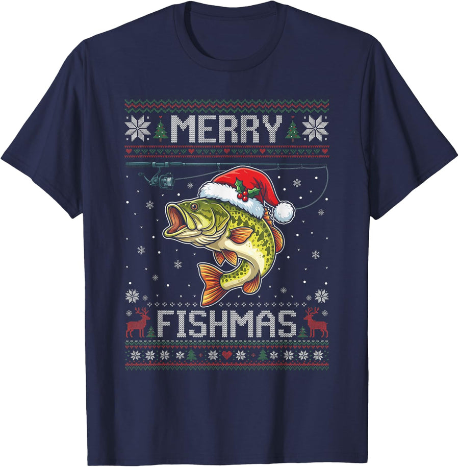 Merry Fishmas Largemouth Bass Fishing Christmas Humor T-Shirt - Navy Blue