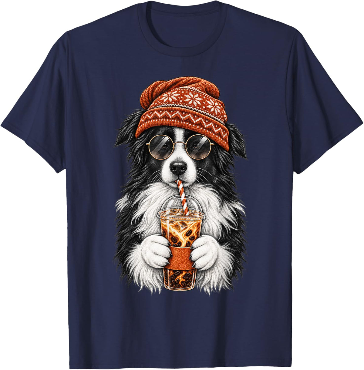 Cool Border Collie Iced Coffee Dog T-Shirt - Navy Blue