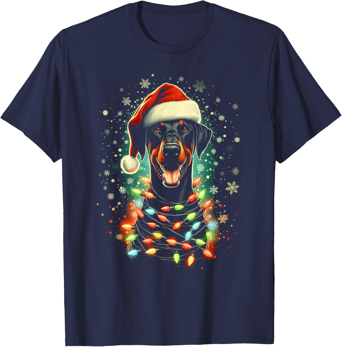 Cute Pinscher Christmas Doberman Dog with Santa Hat & Lights T-Shirt - Navy Blue