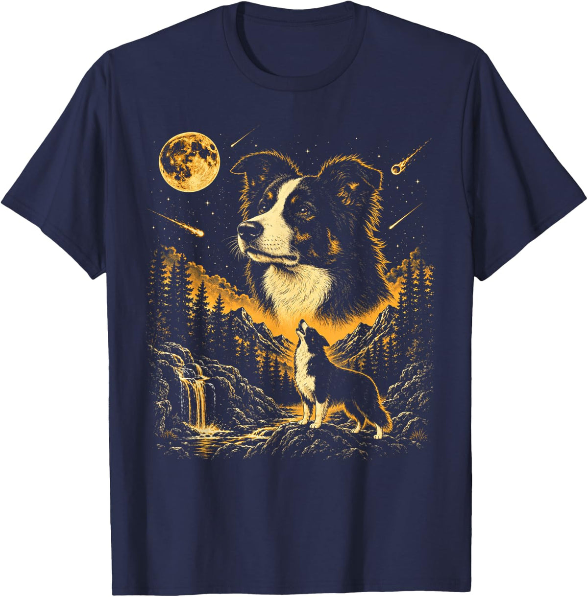 Border Collie Howling to The Moon Vintage Forest Scene T-Shirt - Navy Blue