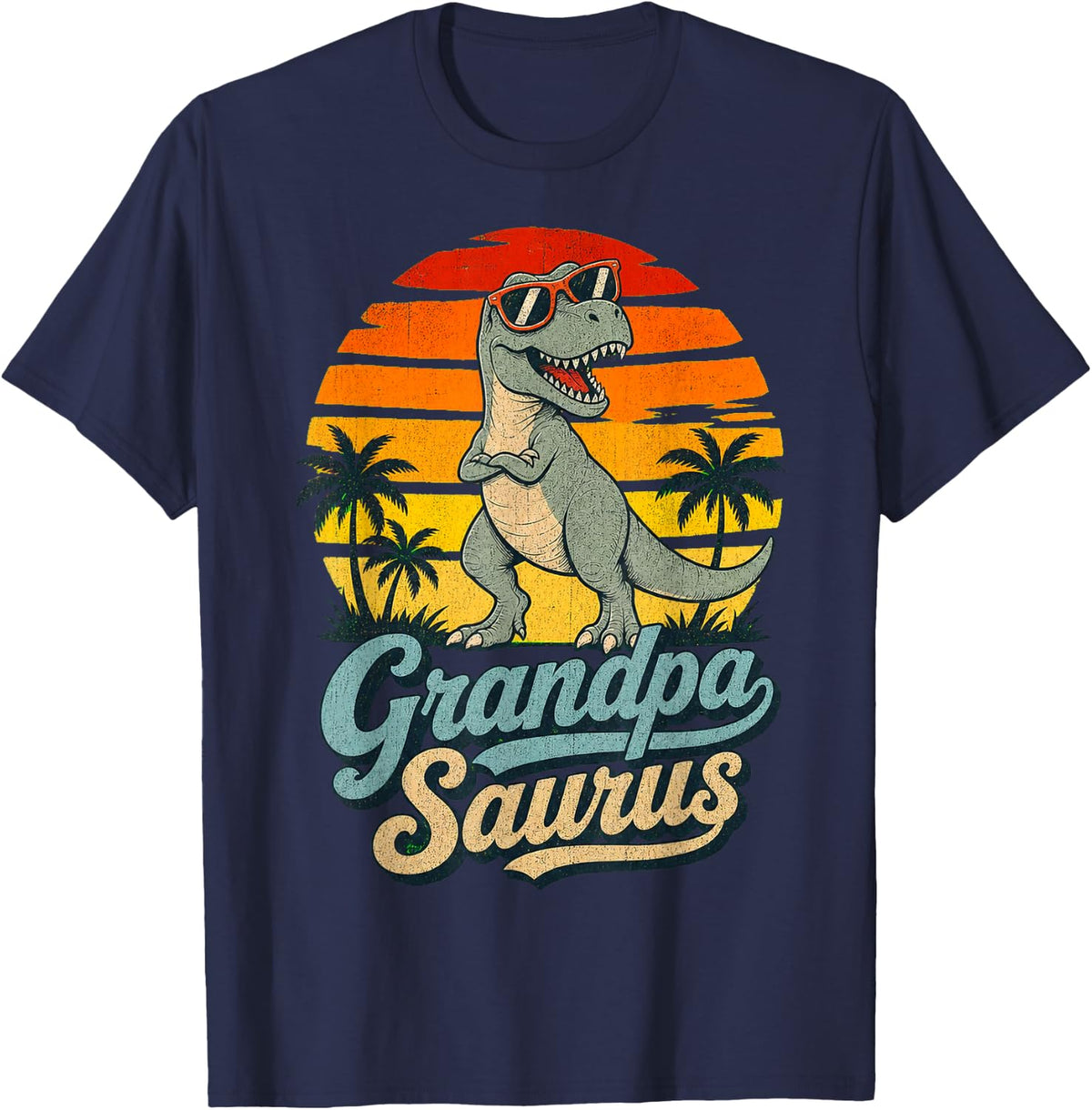 Playful T-Rex Dinosaur Retro Sunset Design T-Shirt - Navy Blue