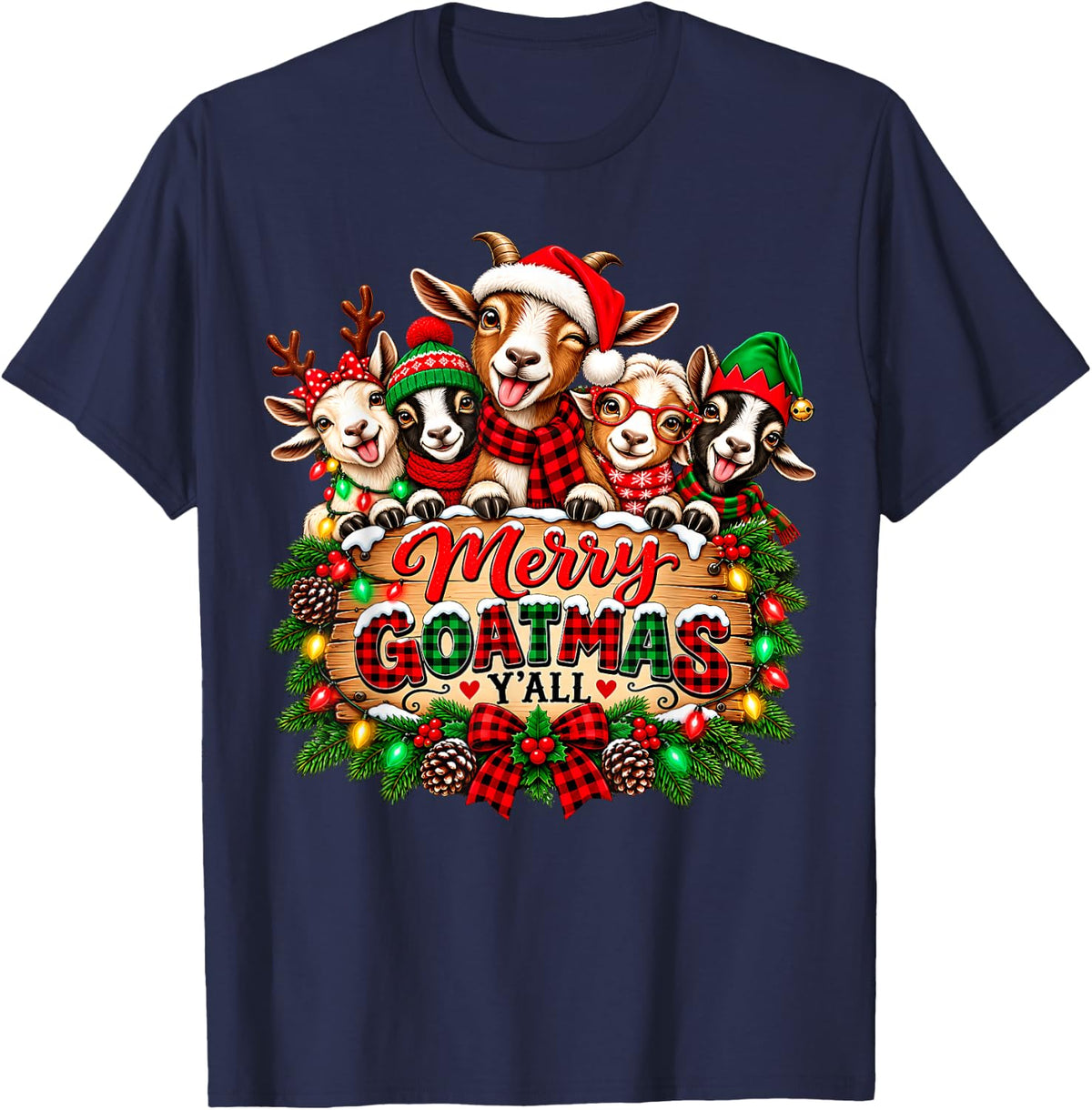 Funny Merry Goatmas Festive Goats Holiday Merry Christmas T-Shirt - Navy Blue