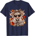 Autumn Leopard Highland Cow Howdy Fall Western Farm Animal T-Shirt - Navy Blue