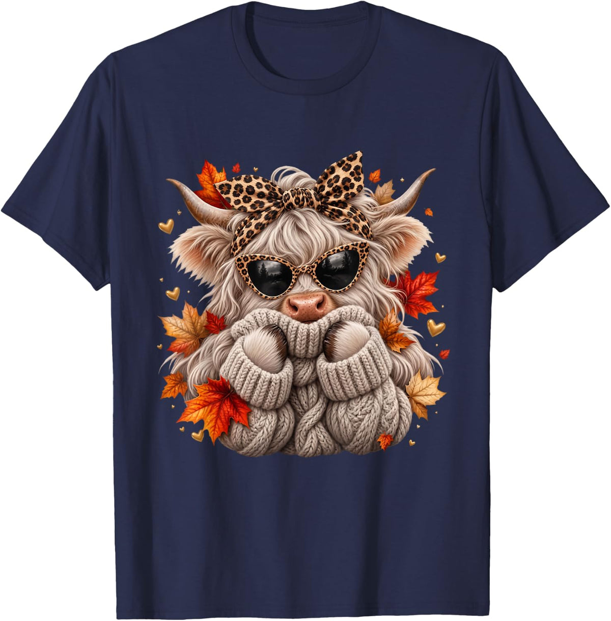 Autumn Leopard Highland Cow Howdy Fall Western Farm Animal T-Shirt - Navy Blue