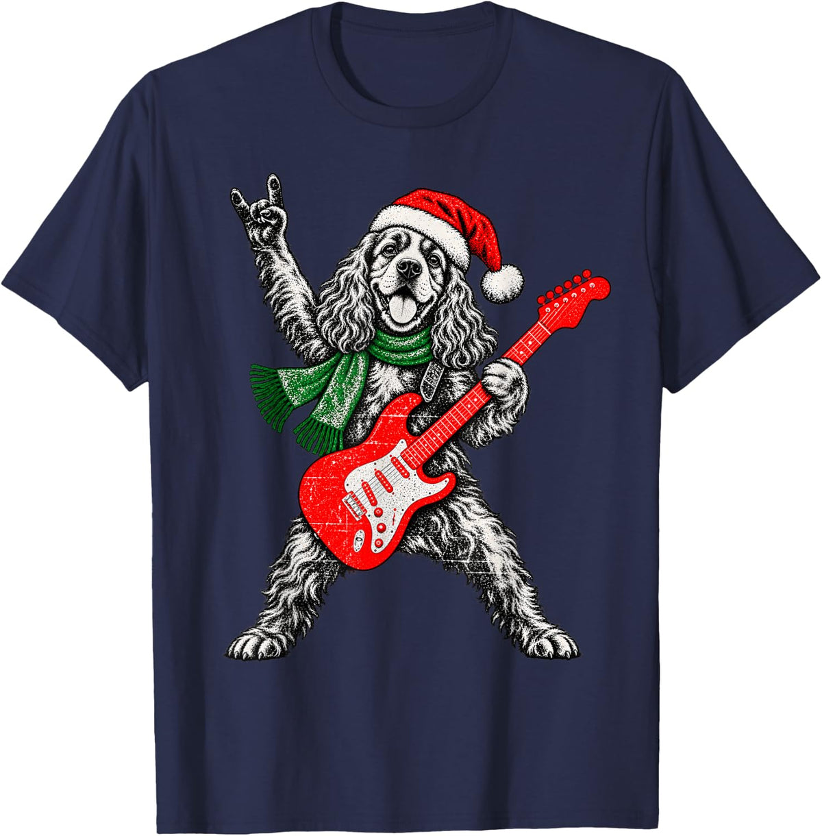 Vintage Cocker Spaniel Rock Playing Guitar Funny Christmas T-Shirt - Navy Blue