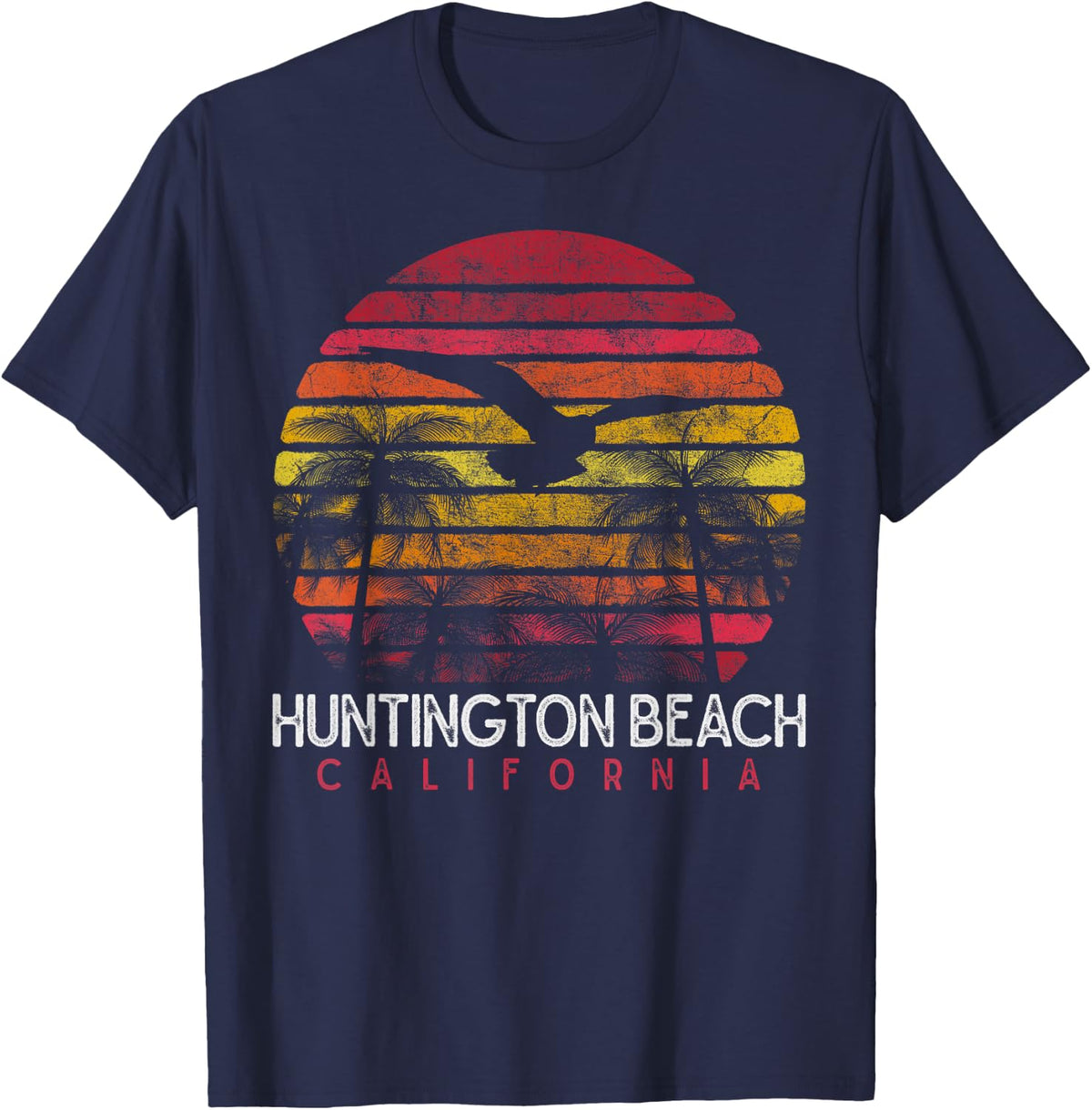Huntington Beach California CA Vintage 90s Retro 80s Sunset T-Shirt - Navy Blue