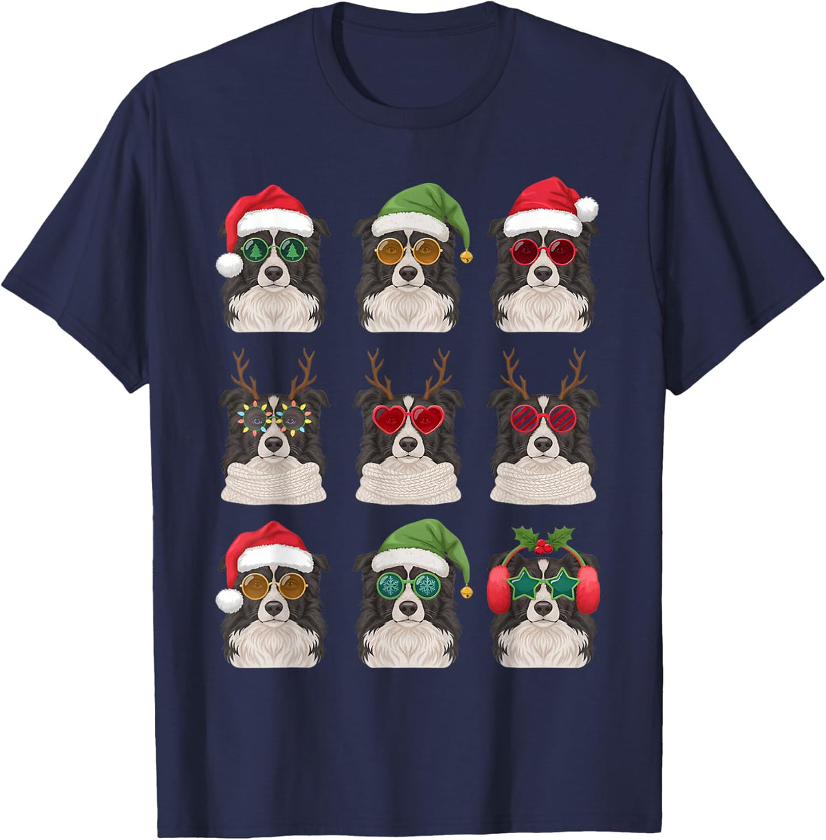 Cute Border Collie Funny Christmas Pajama Silly Dog Mom T-Shirt - Navy Blue