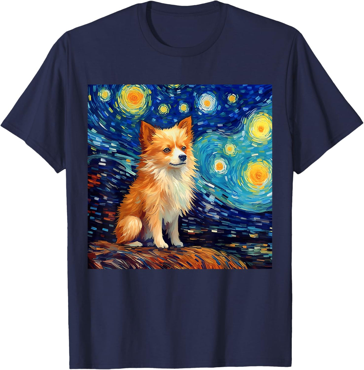 Surreal Starry Night Pomchi Dog T-Shirt - Navy Blue