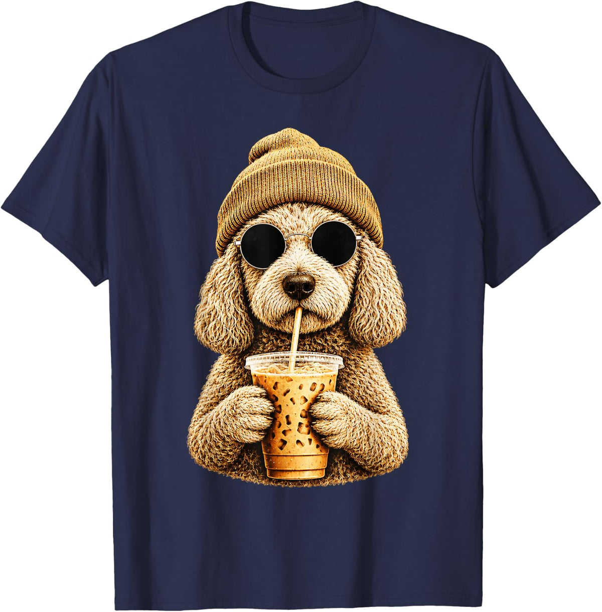 Goldendoodle Hipster Dog Drinking Coffee Sunglasses Beanie T-Shirt - Navy Blue