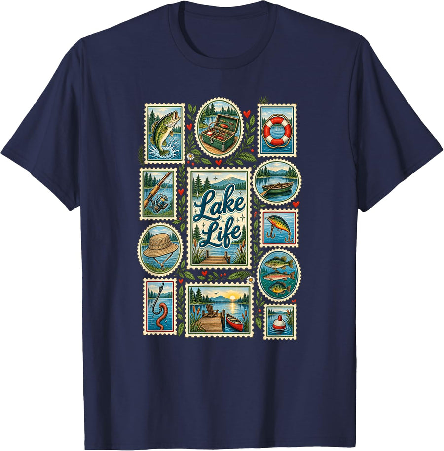Lake Life Vintage Fishing Stamps Nature Outdoors Angler T-Shirt - Navy Blue