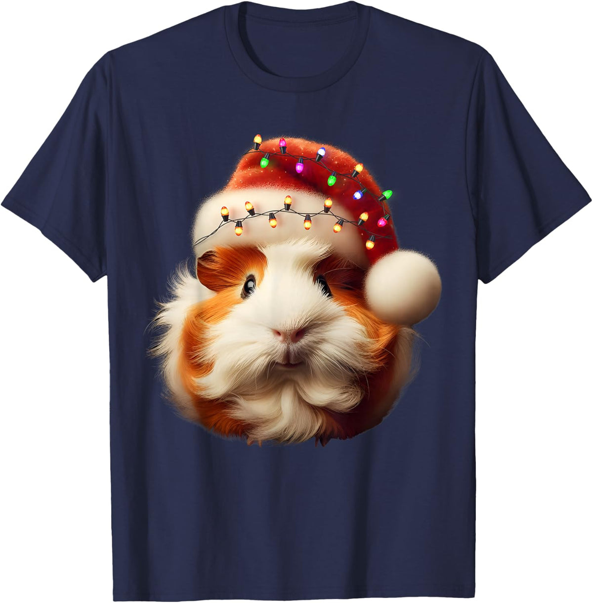 Funny Guinea Pig Christmas Reindeer Christmas Lights Pajama T-Shirt - Navy Blue
