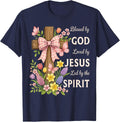 Blessed by God Loved by Jesus Beautiful Spring Floral Cross T-Shirt - Navy Blue