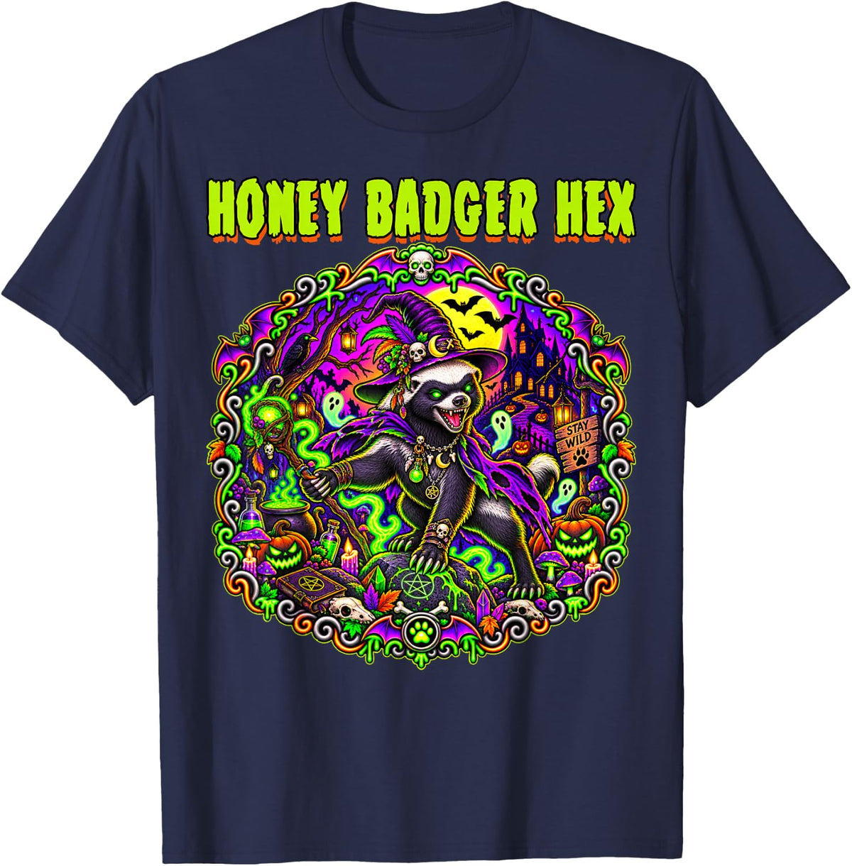 Honey Badger Hex Witch Ghosts Spooky Scary Haunted Horror T-Shirt - Navy Blue