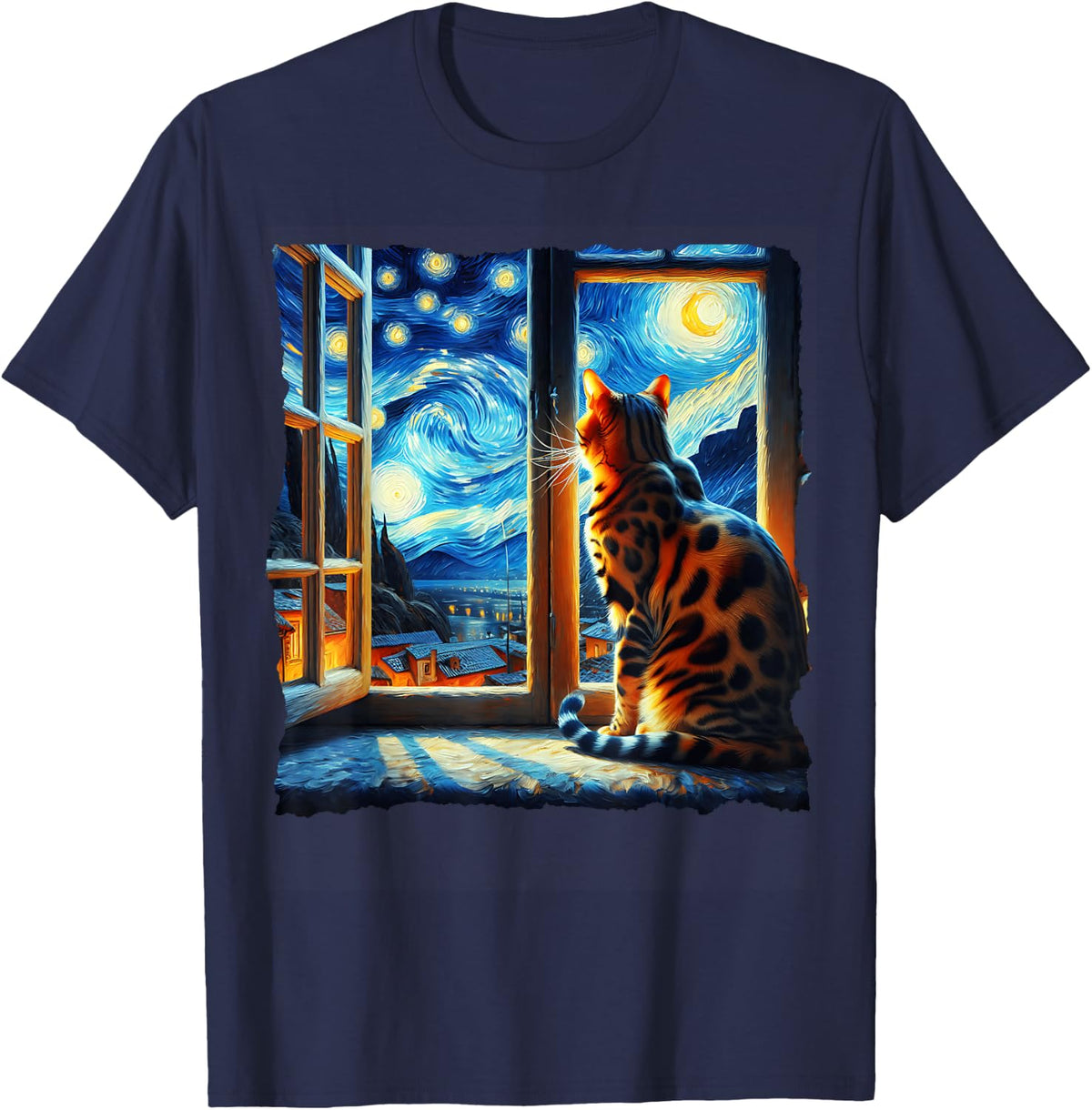 Cat Bengal Cat Starry Night Bengal T-Shirt - Navy Blue