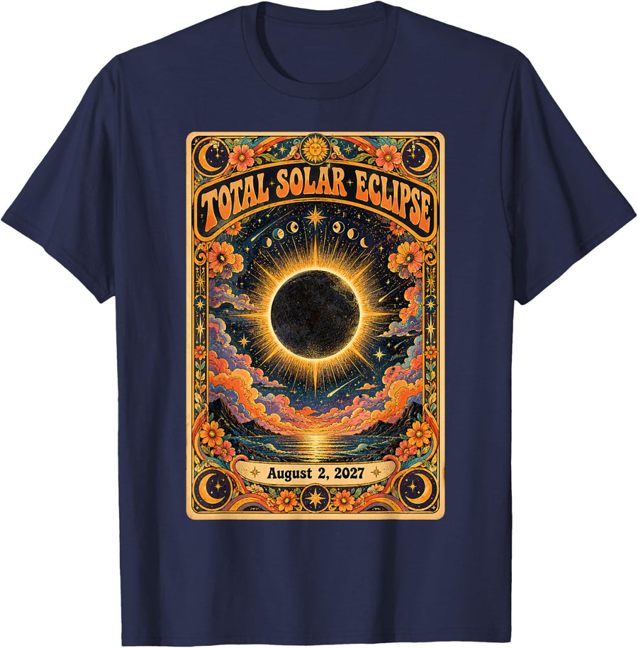 Total Solar Eclipse August 2 2027 Tarot Card Retro Groovy T-Shirt - Navy Blue