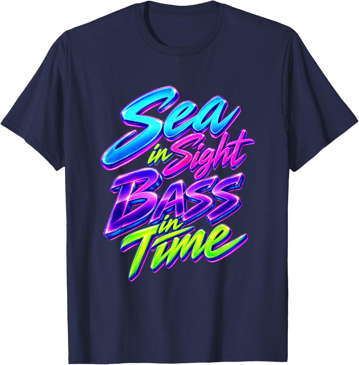 Sea in Sight Bass in Time Fishing Pun T-Shirt - Navy Blue