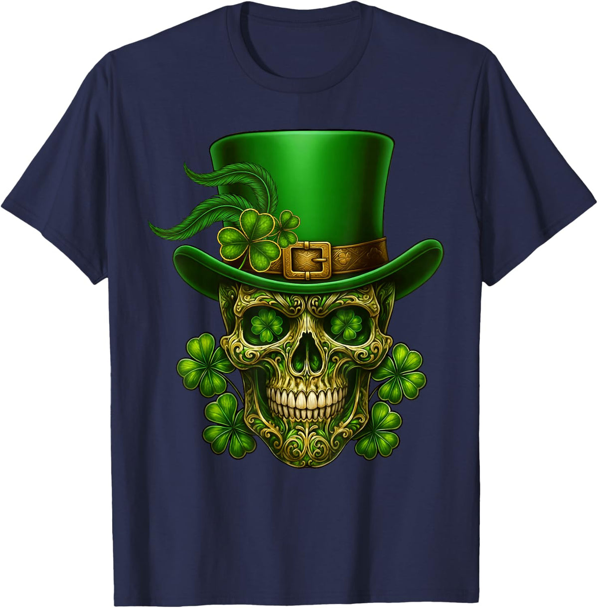 Sugar Skull St Patrick's Day Lucky Shamrock Men Women Kids T-Shirt - Navy Blue