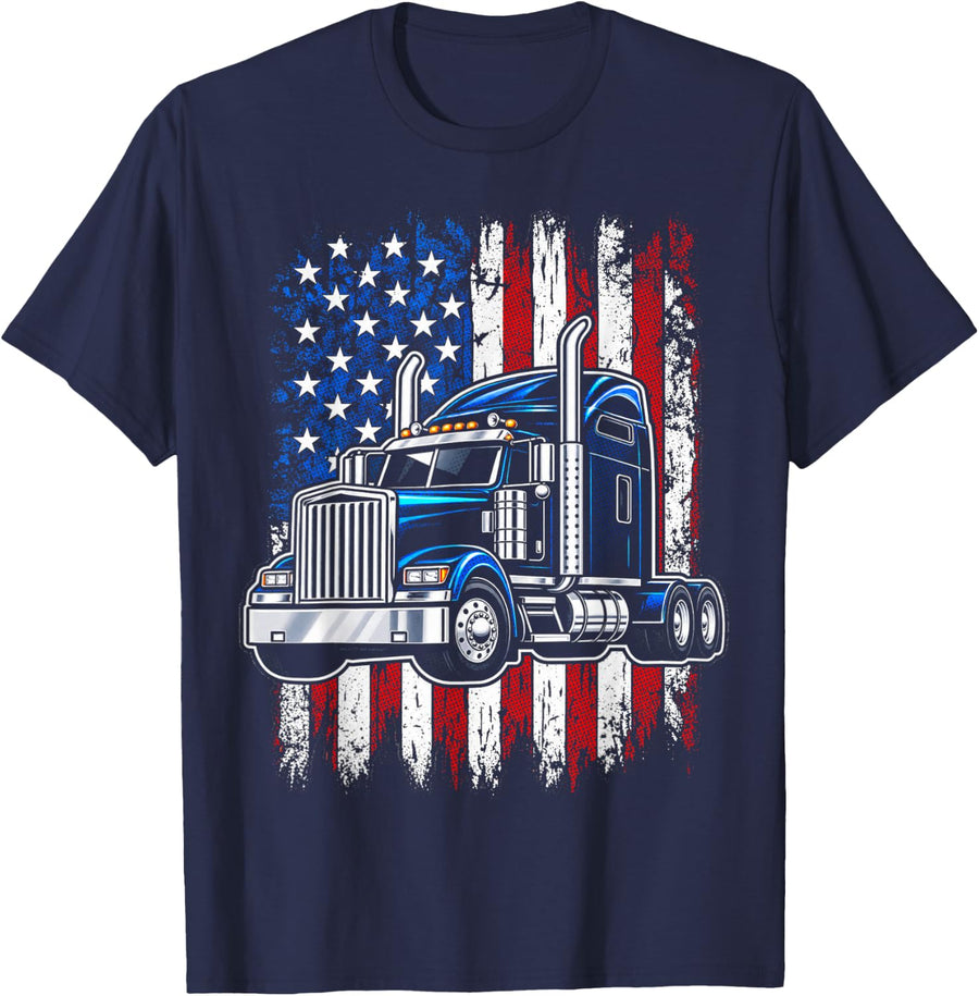 American Flag Semi Truck Driver T-Shirt - Navy Blue