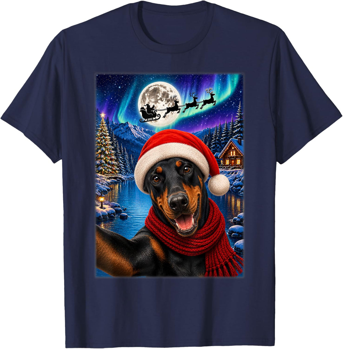 Doberman Pinscher Dog Christmas Moon Night Santa Sleigh Xmas T-Shirt - Navy Blue