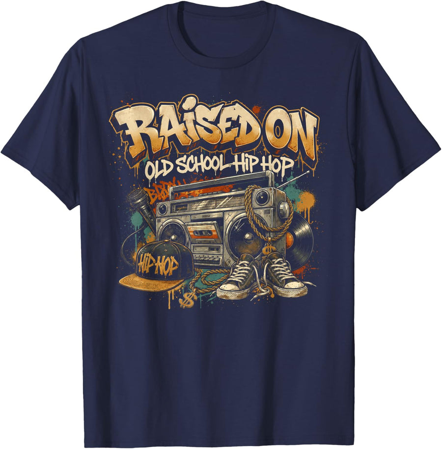 Raised On Old School Hip Hop Retro Cassette 80s 90s T-Shirt - Navy Blue