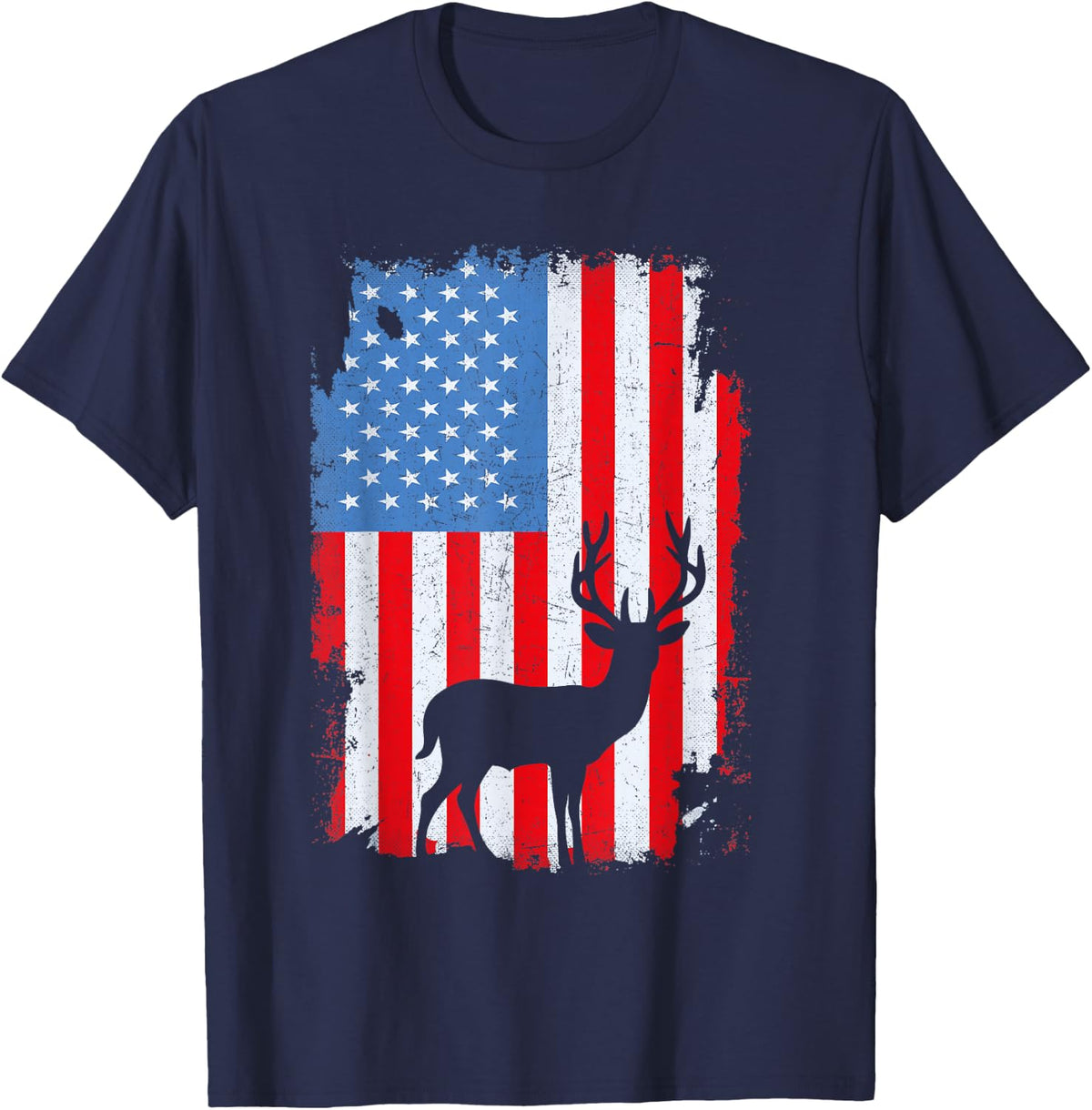 Funny Hunting Shirts for Men Deer Hunting American Flag USA Hunter 4th Of July Tees T Shirts - Navy Blue
