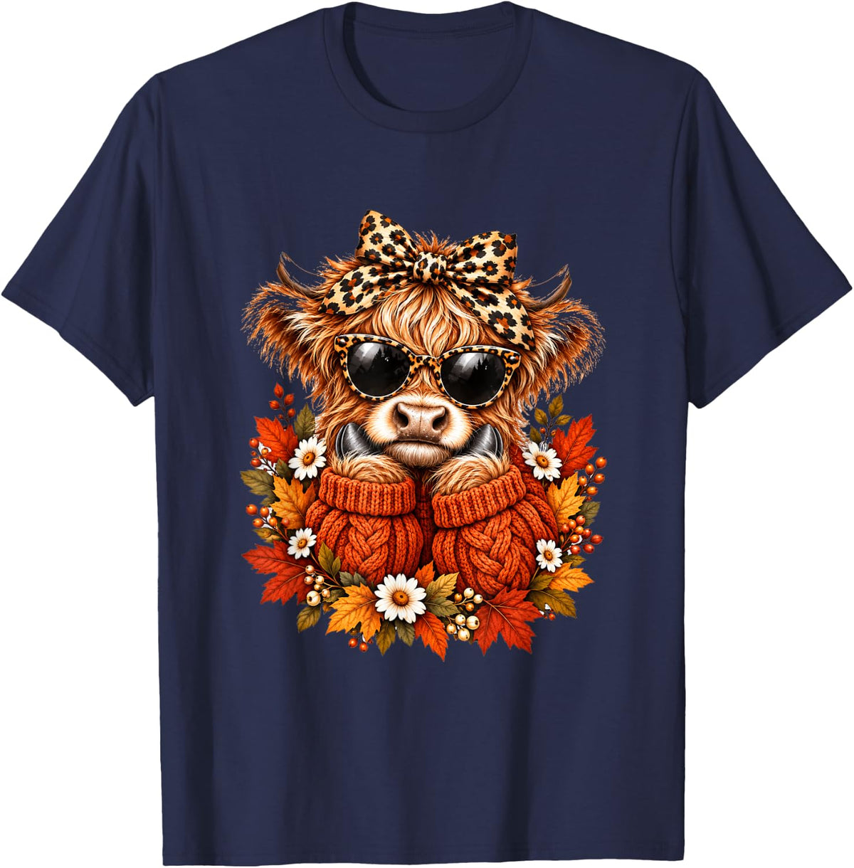 Preppy Fall Highland Cow Leopard Bow Western Autumn T-Shirt - Navy Blue