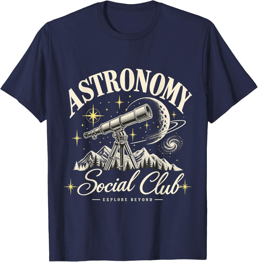 Astronomy Social Club Explore Beyond Vintage Telescope T-Shirt - Navy Blue