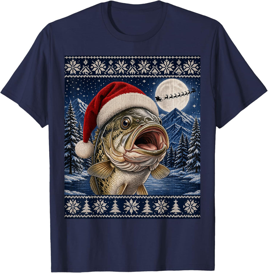 Large Mouth Bass Fish Santa Ugly Christmas T-Shirt - Navy Blue