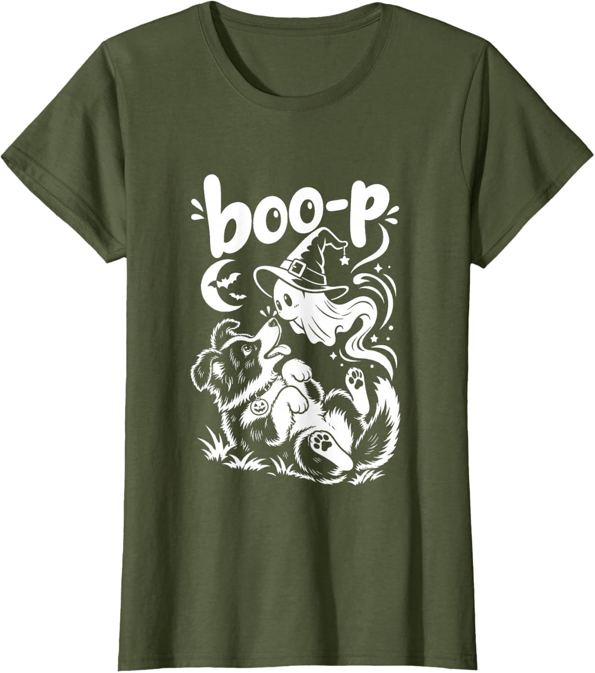 Border Collie Ghost Boop Funny Halloween Costume Dog Lovers T-Shirt - Olive Green