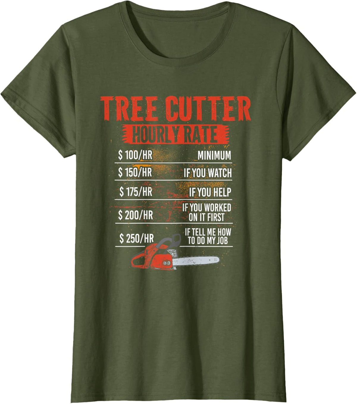 Tree Cutter Hourly Rate Chainsaw Funny Arborists T-Shirt - Olive Green