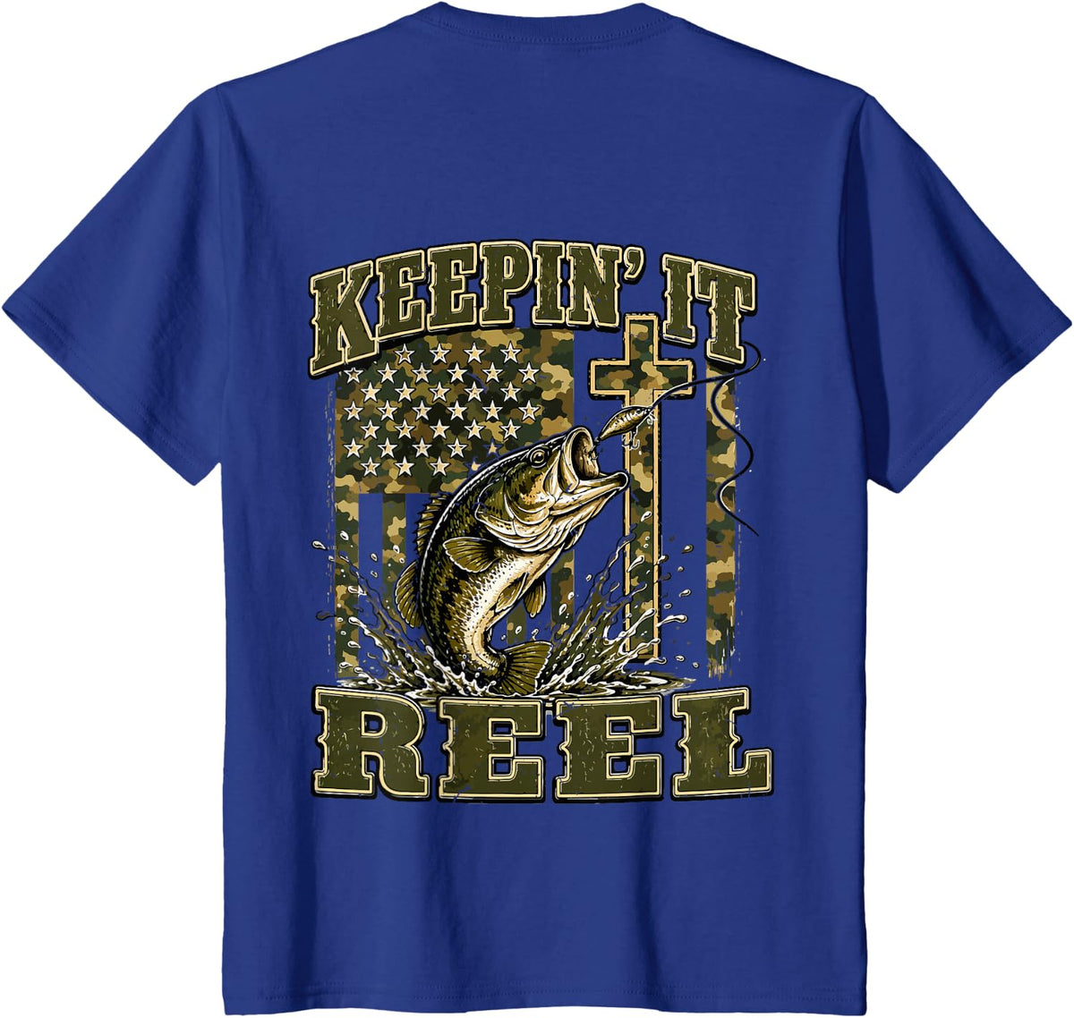 Youth Boys Camo Bass Fishing American Flag Keeping It Reel T-Shirt - Royal Blue