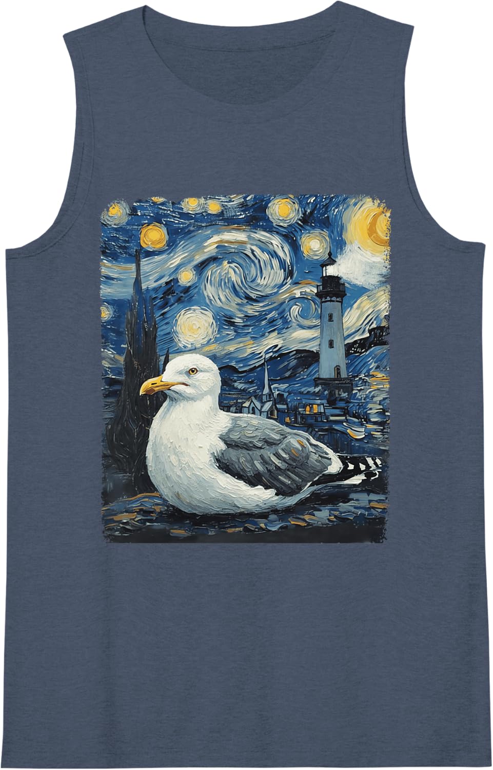 Starry Night Van Gogh Seagull with Lighthouse Coast Sleeveless Tank Top - Navy Blue
