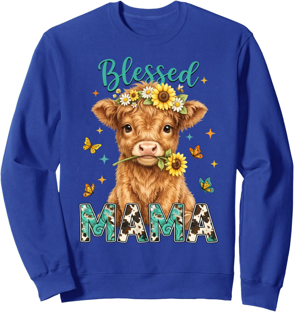 Mothers Day Blessed Mama Highland Cow Sunflowers Country Mom Sweatshirt - Adult Unisex Royal Blue