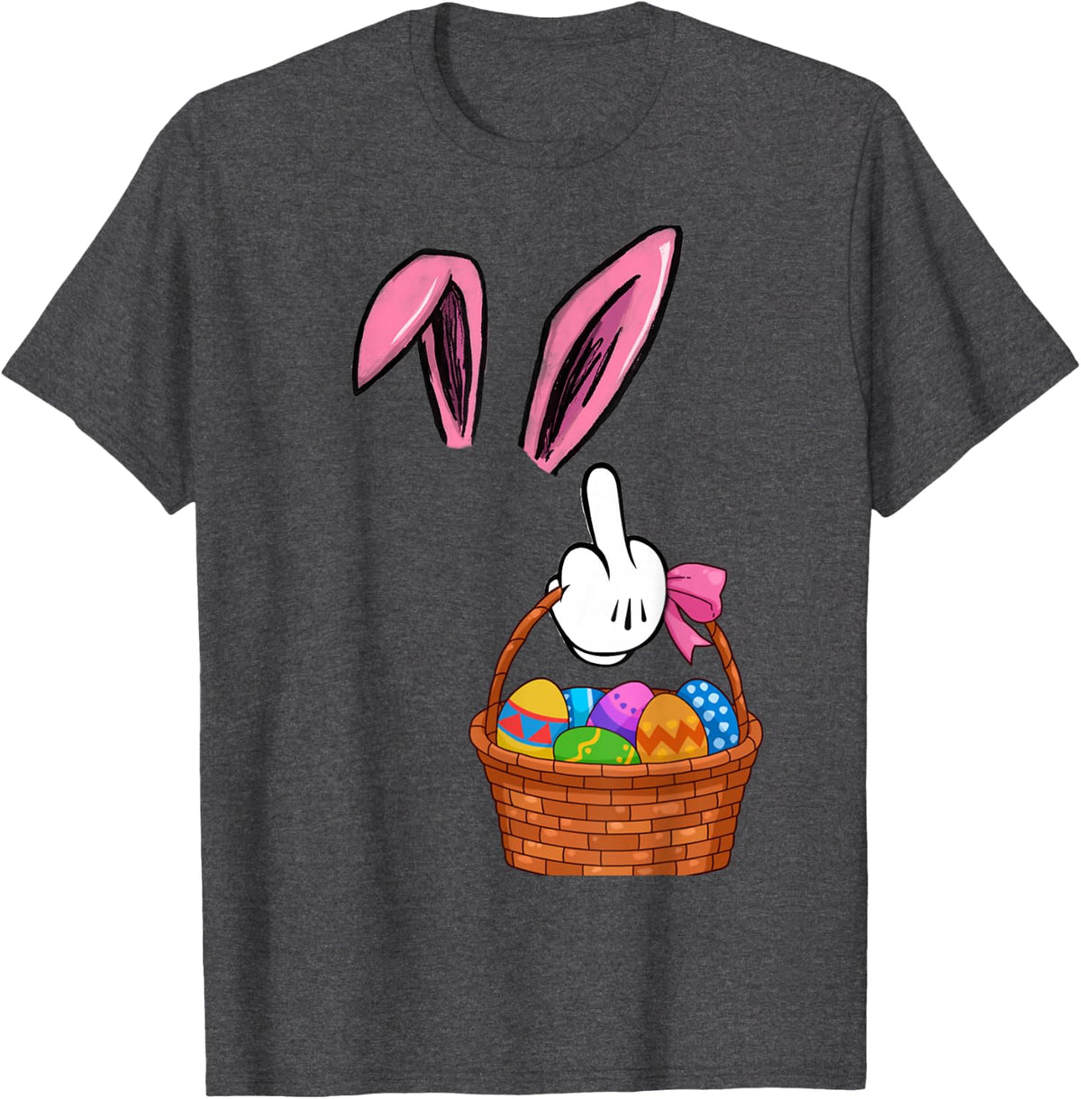Mad Easter Bunny With Raised Middle Finger & Easter Basket T-Shirt - Dark Heather Grey