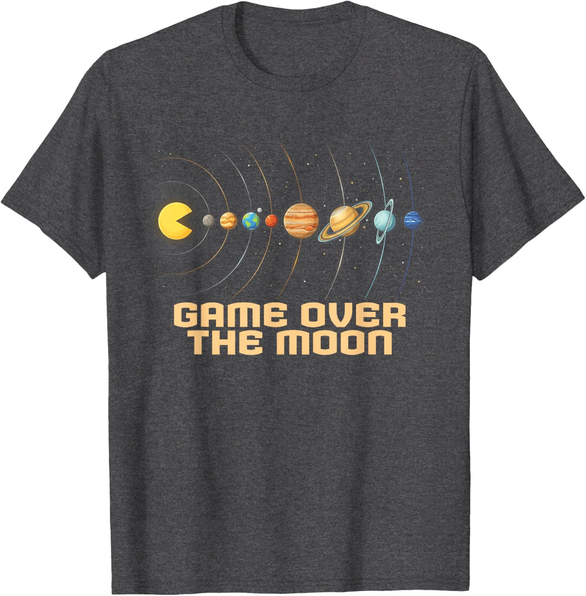 Game Over The Moon Solar System Video Game Eating Planets T-Shirt - Dark Heather Grey