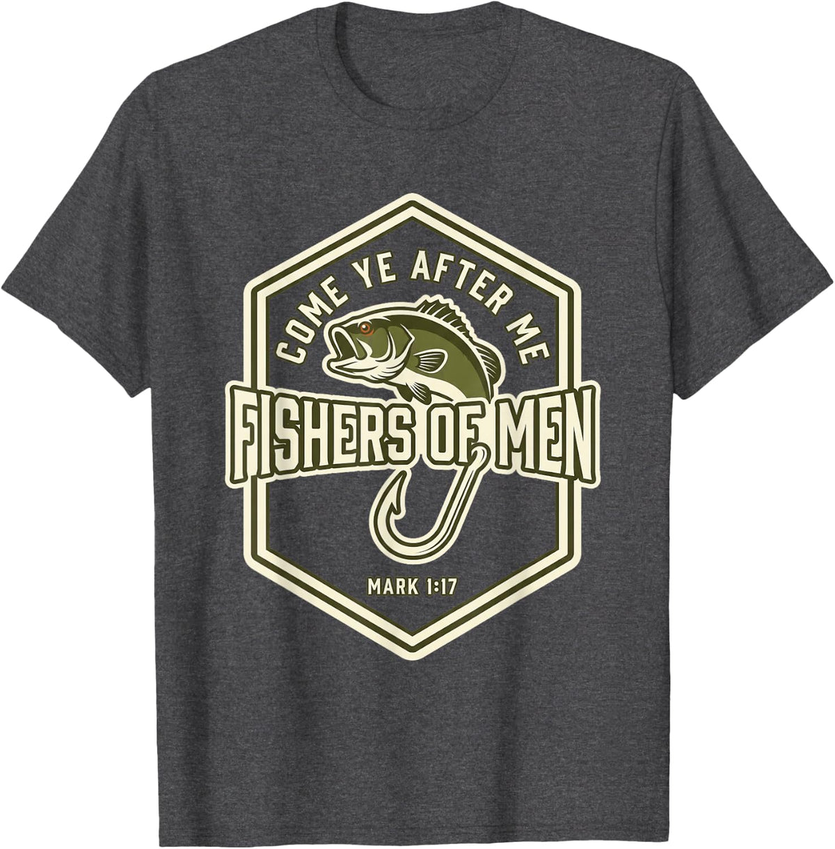 Fishers of Men Christian Fishing Bass Fish Badge Design T-Shirt - Dark Heather Grey