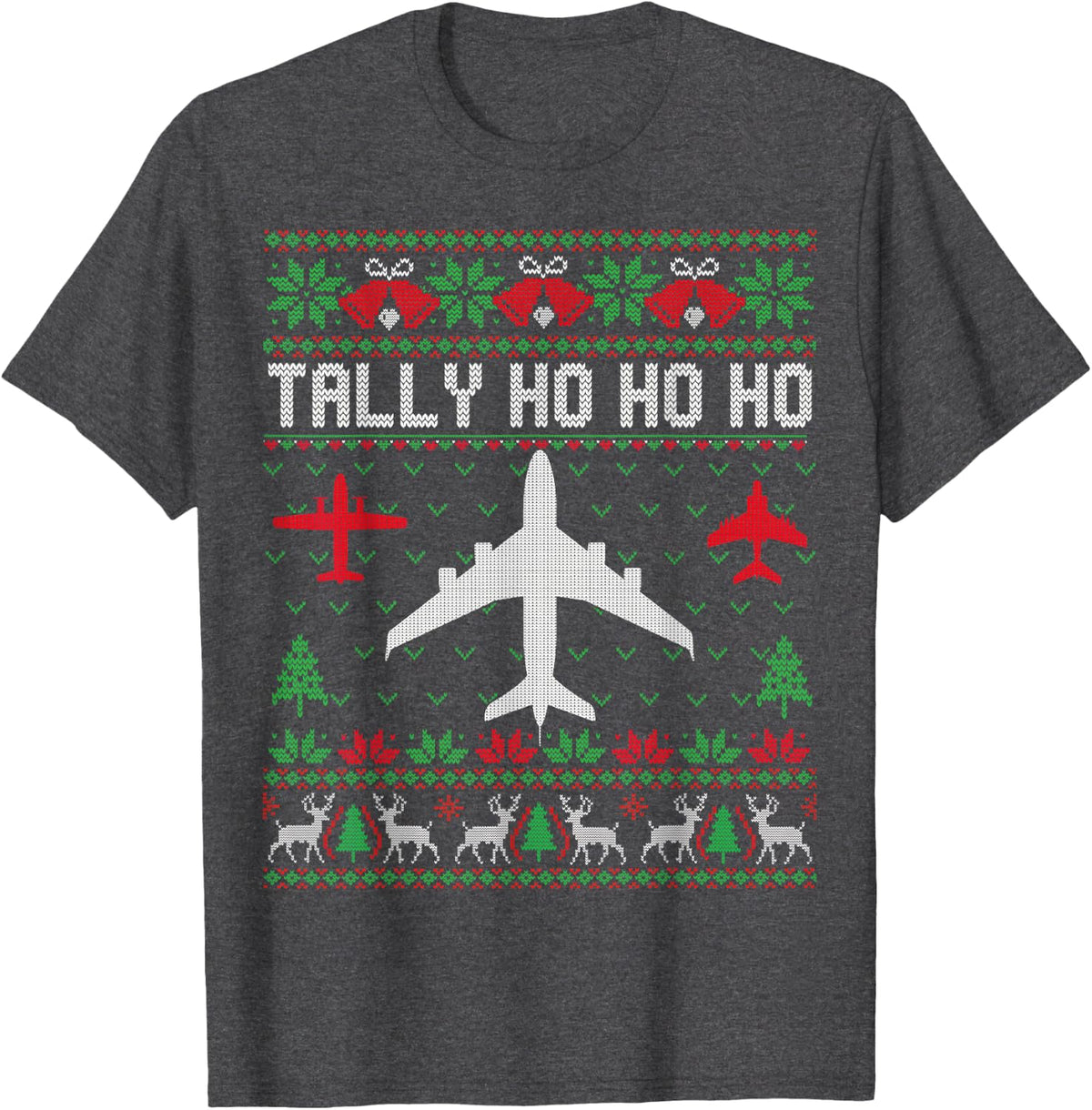 Spitfire Christmas Ugly Jumper Style Airplane Aircraft Plane T-Shirt - Dark Heather Grey