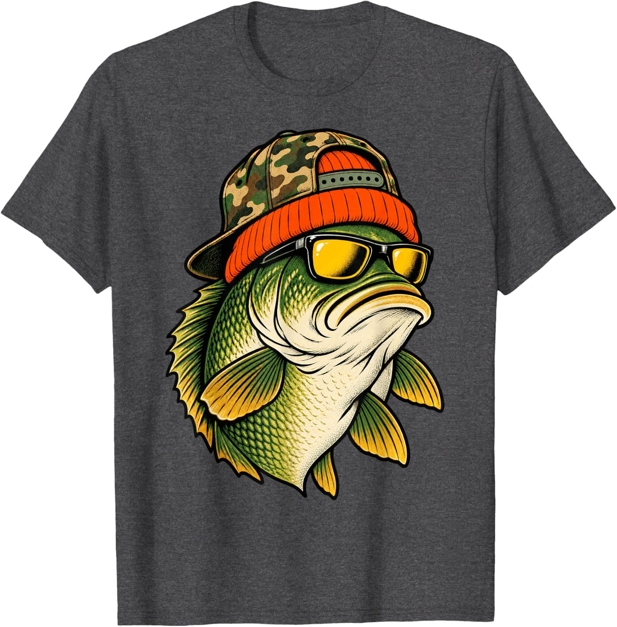 Camouflage Bass Fisher Lure Outdoor Lake Portrait Artwork T-Shirt - Dark Heather Grey